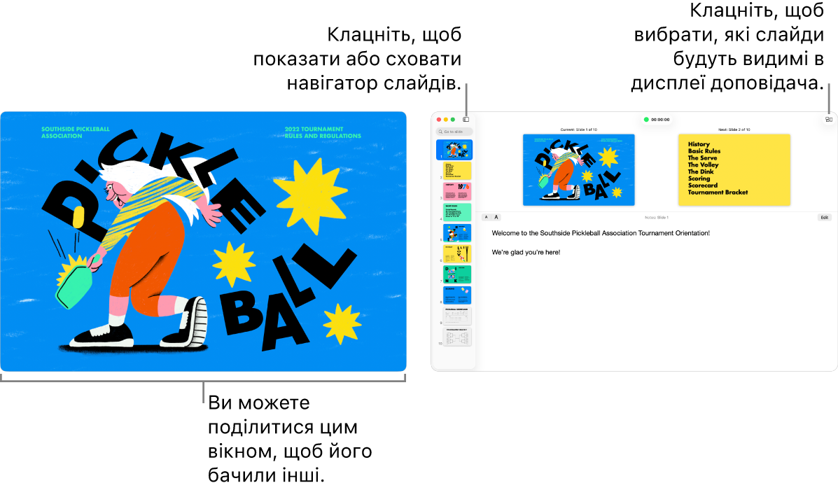 У вікні відображається презентація Keynote, а дисплей доповідача з навігатором слайдів, нотатками доповідача і попереднім переглядом слайдів — в іншому вікні.