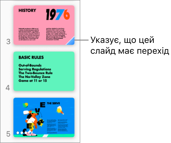 Блакитний трикутник на слайді вказує, що цей слайд має перехід.
