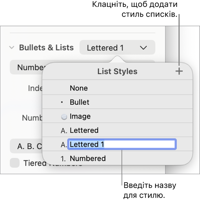 Спливне меню «Стилі списків» із кнопкою «Додати» у верхньому правому куті й зразок назви стилю з вибраним текстом.