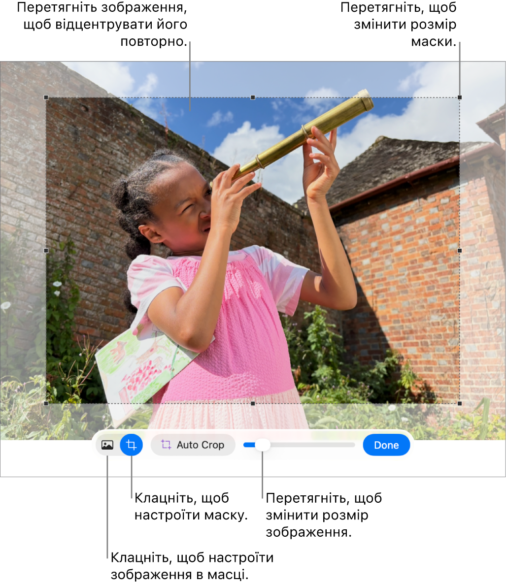Елементи керування маскою над фотографією.