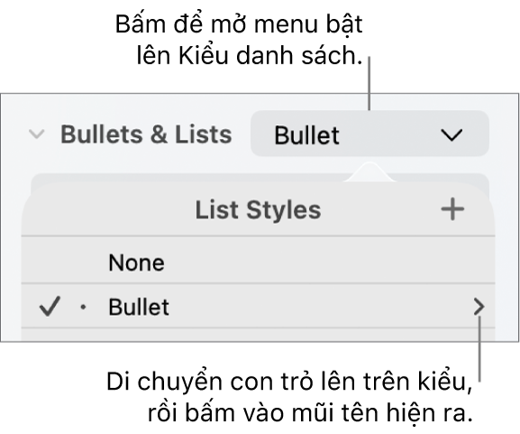 Menu bật lên Kiểu danh sách với một kiểu được chọn và một mũi tên ở phía xa bên phải.