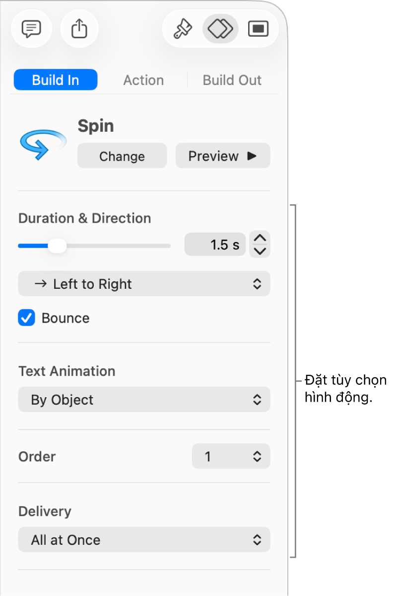 Các tùy chọn Xuất hiện trong phần Hiệu ứng của thanh bên.