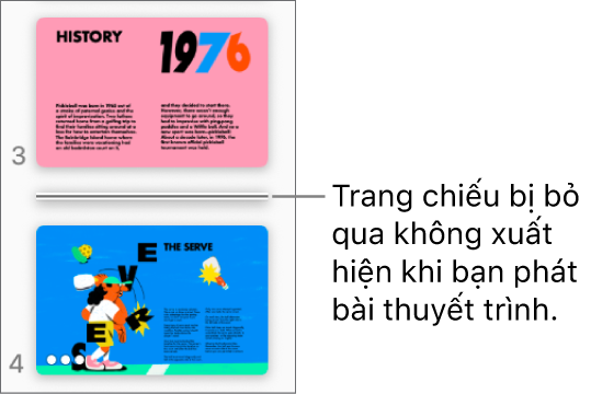 Trình điều hướng trang chiếu với trang chiếu bị bỏ qua đang hiển thị dưới dạng một đường ngang.