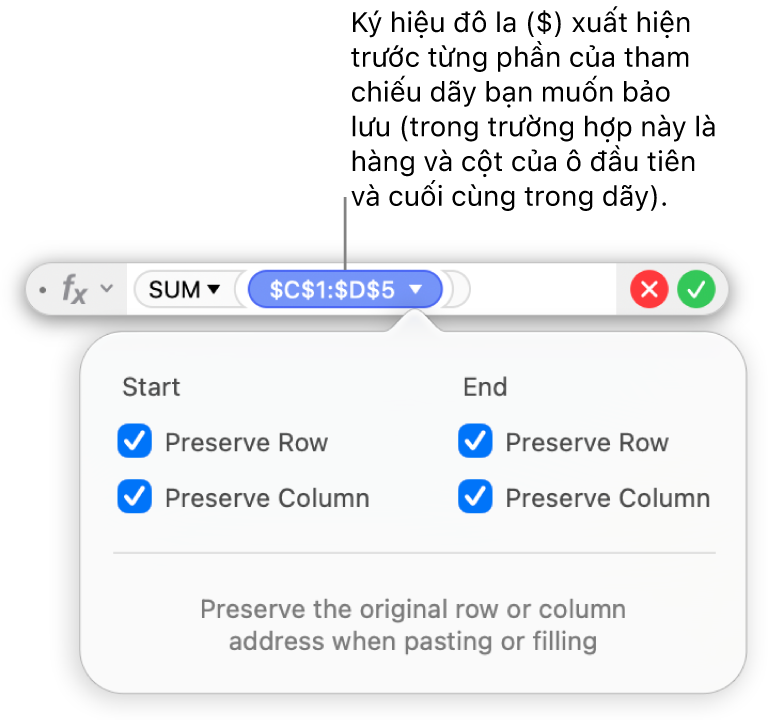 Trình sửa công thức đang hiển thị các tùy chọn Bảo lưu hàng và Bảo lưu cột được chọn cho một phạm vi nhất định.