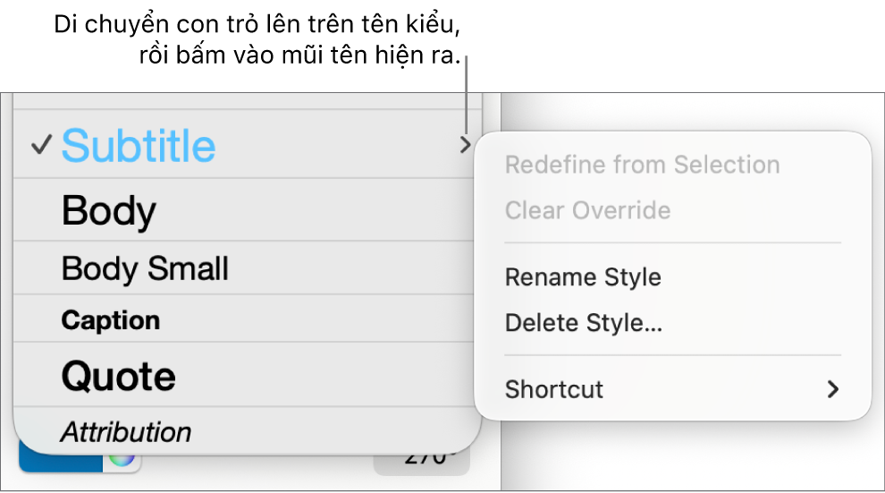 Menu Kiểu đoạn với menu phím tắt mở.