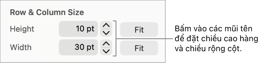 Các điều khiển đặt kích cỡ hàng hoặc cột chính xác.