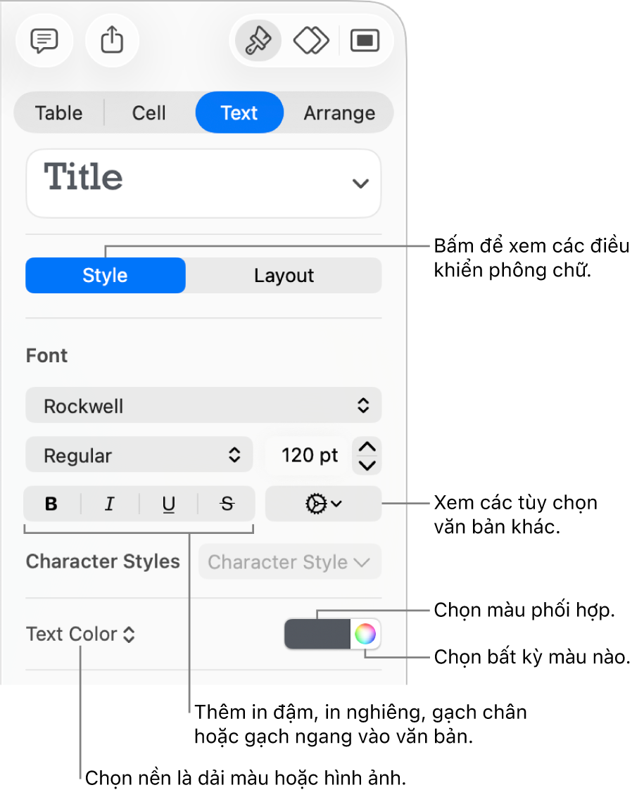 Các điều khiển để tạo kiểu văn bản của bảng.