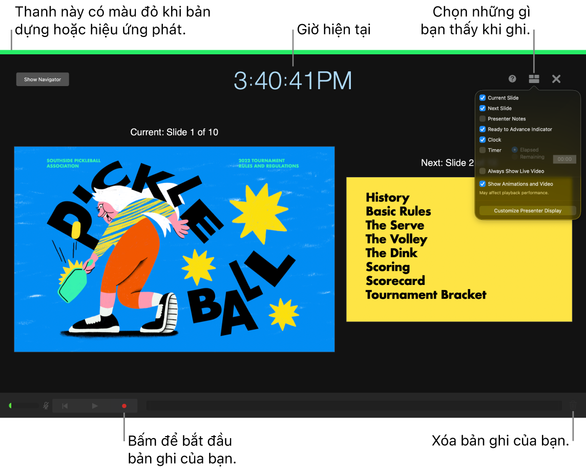 Ảnh chụp màn hình của chế độ ghi âm giọng nói trên màn hình của người thuyết trình. Trang chiếu hiện tại và trang chiếu tiếp theo, thời gian hiện tại và các điều khiển màn hình của người thuyết trình sẽ hiển thị. Điều khiển để bắt đầu và kết thúc bản ghi và điều khiển để xóa bản ghi xuất hiện gần cuối màn hình.