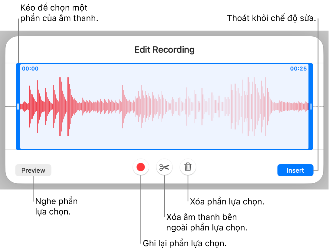 Các điều khiển để sửa âm thanh đã ghi. Các bộ điều khiển cho biết phần được chọn của bản ghi âm và các nút để Xem trước, Ghi, Cắt ngắn, Xóa và Chế độ sửa ở bên dưới.