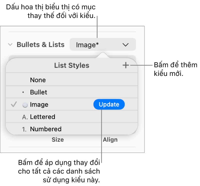 Menu bật lên Kiểu danh sách với dấu hoa thị biểu thị giá trị thay thế, chú thích đến nút Kiểu mới và menu con chứa các tùy chọn quản lý kiểu.