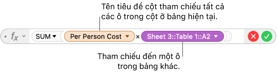 Trình sửa công thức có tam giác mà bạn bấm vào để mở các tùy chọn để bảo lưu các tham chiếu hàng và cột.