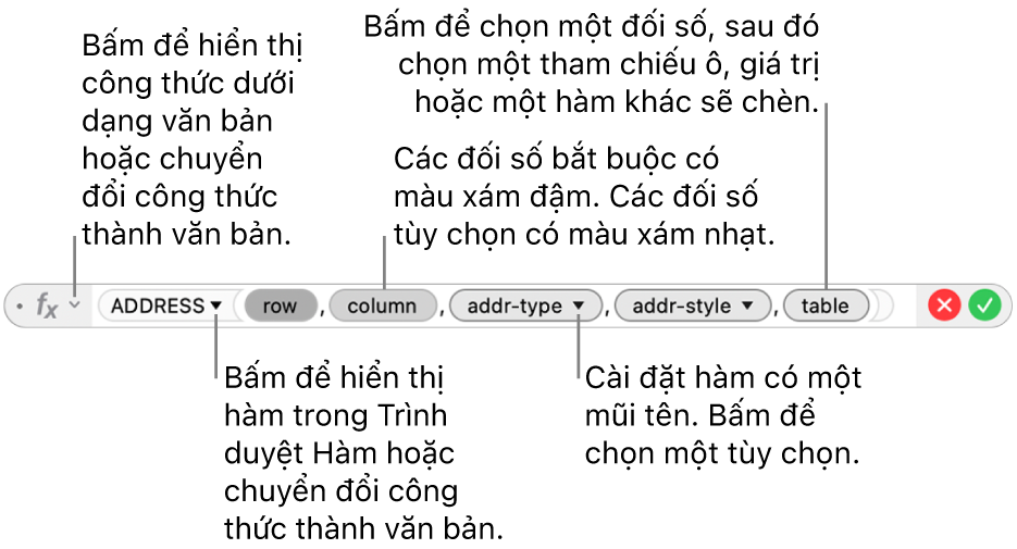Trình sửa công thức đang hiển thị hàm ADDRESS và các mã thông báo đối số của hàm.