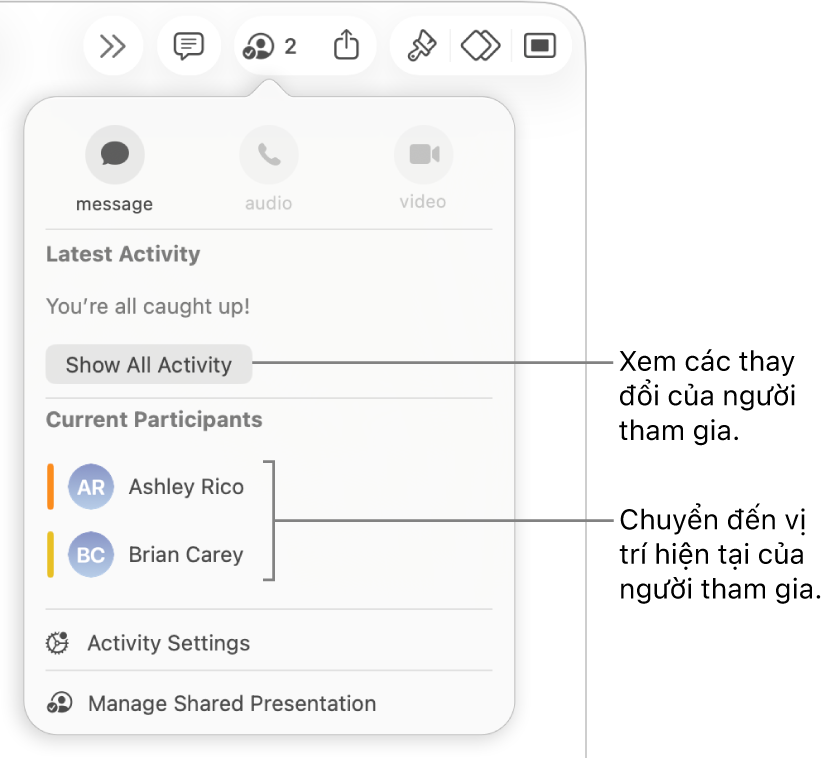 Menu cộng tác có hai người tham gia hiện tại được liệt kê.