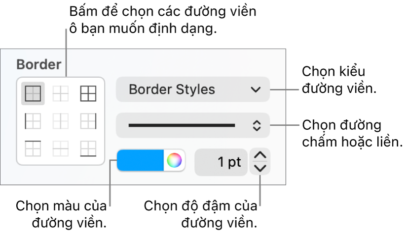 Các điều khiển trên Thanh bên để thay đổi hình thức của đường viền ô.