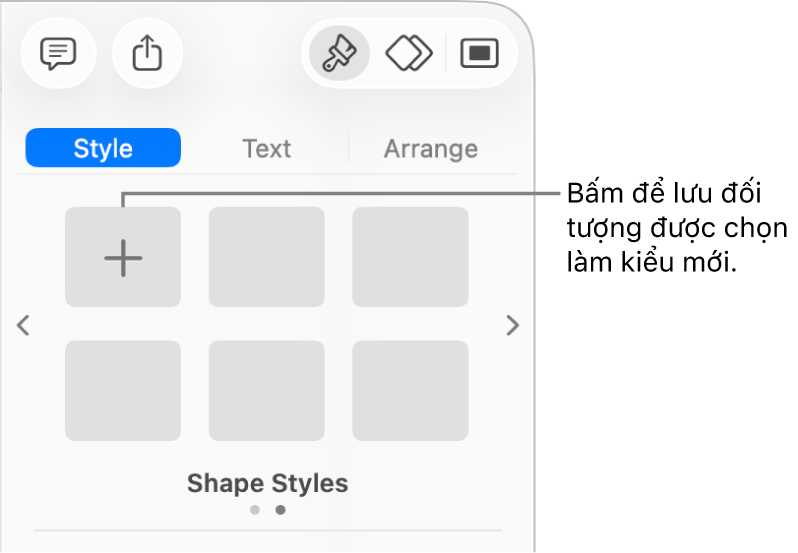 Tab Kiểu của thanh bên Định dạng với một kiểu hộp văn bản, một nút Tạo kiểu ở bên phải và bốn trình giữ chỗ kiểu trống.