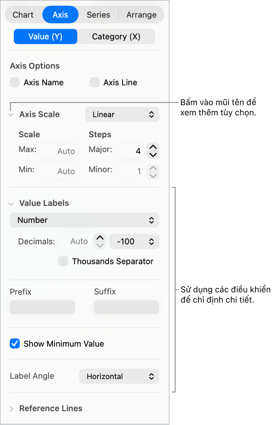 Điều khiển để định dạng các dấu mốc trục của biểu đồ.
