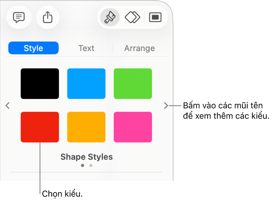 Tab Kiểu của thanh bên Định dạng với sáu kiểu đối tượng và các mũi tên điều hướng ở bên trái và bên phải.