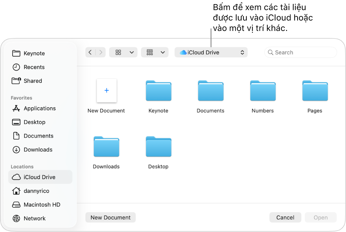 Hộp thoại Mở với thanh bên mở ở bên trái và iCloud Drive được chọn trong menu bật lên ở đầu. Các thư mục cho Keynote, Numbers và Pages xuất hiện trong hộp thoại, cùng với nút Tài liệu mới.