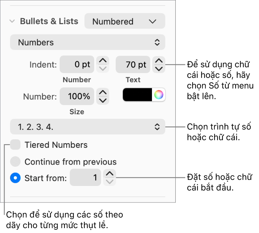 Các điều khiển để thay đổi kiểu số và khoảng cách của danh sách.