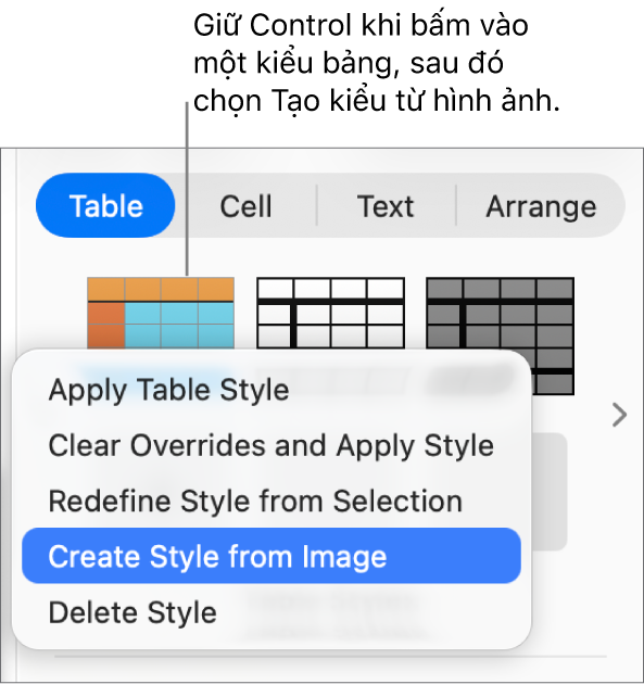 Menu phím tắt kiểu bảng.