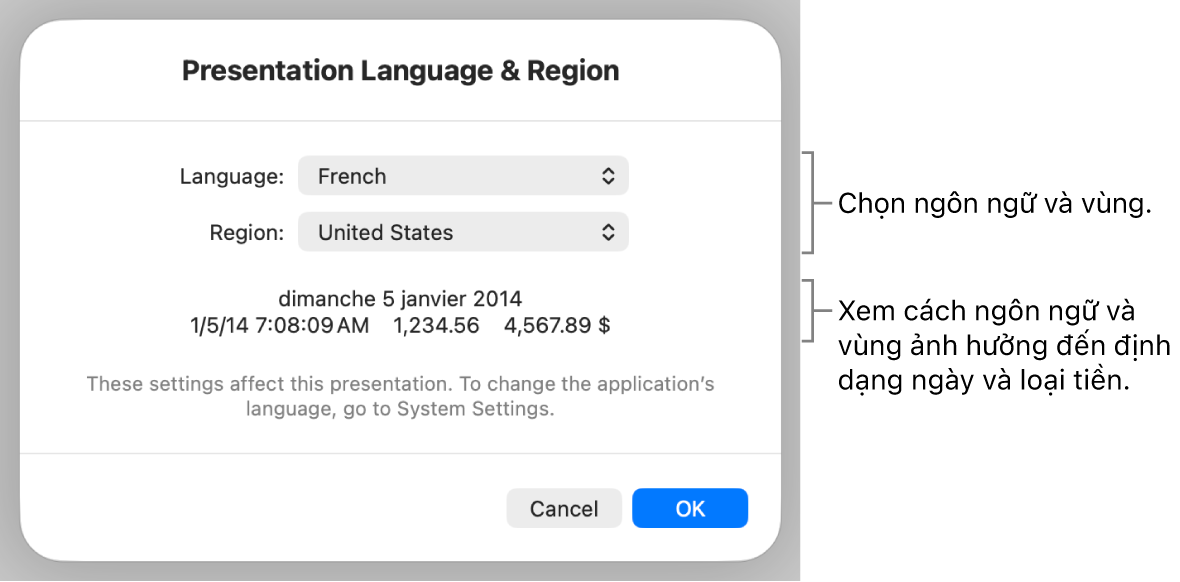 Khung Ngôn ngữ & Vùng với các điều khiển cho ngôn ngữ và vùng và ví dụ về định dạng bao gồm ngày, giờ, phần thập phân và loại tiền.