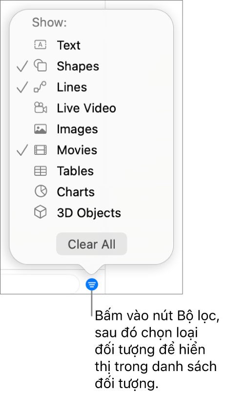 Menu bật lên Bộ lọc, với một danh sách các loại đối tượng mà danh sách có thể bao gồm (văn bản, hình, đường, hình ảnh, phim và biểu đồ).