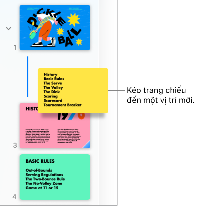 Trình điều hướng trang chiếu đang hiển thị hình thu nhỏ trang chiếu được sắp xếp lại với một đường ở bên trái.