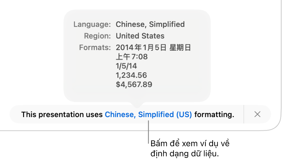 Thông báo về cài đặt ngôn ngữ và vùng khác, đang hiển thị các ví dụ về định dạng trong ngôn ngữ và vùng đó.