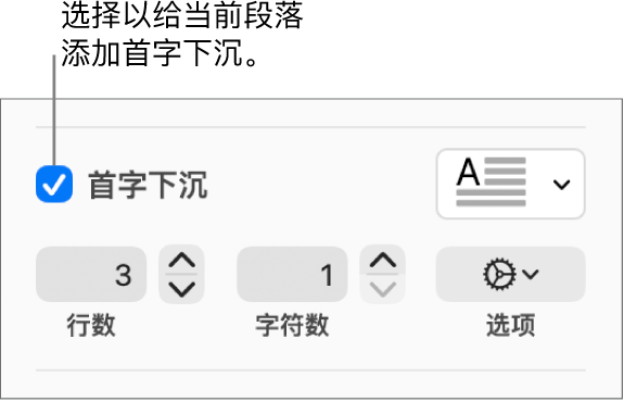 “首字下沉”复选框已选中，其右侧显示了一个弹出式菜单；其下方是用于设置行高和字符数的控制以及其他选项。