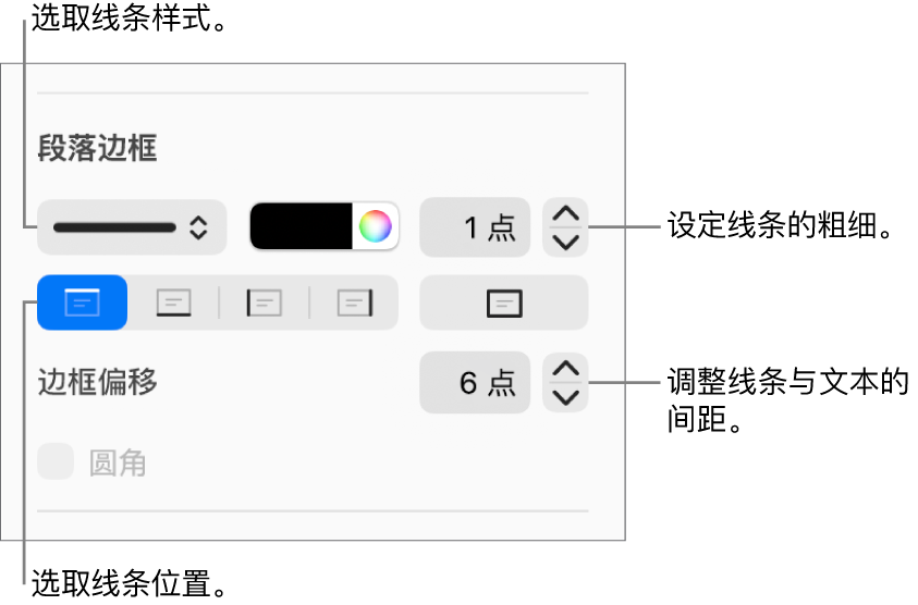 更改线条样式、粗细、位置和颜色的控制。