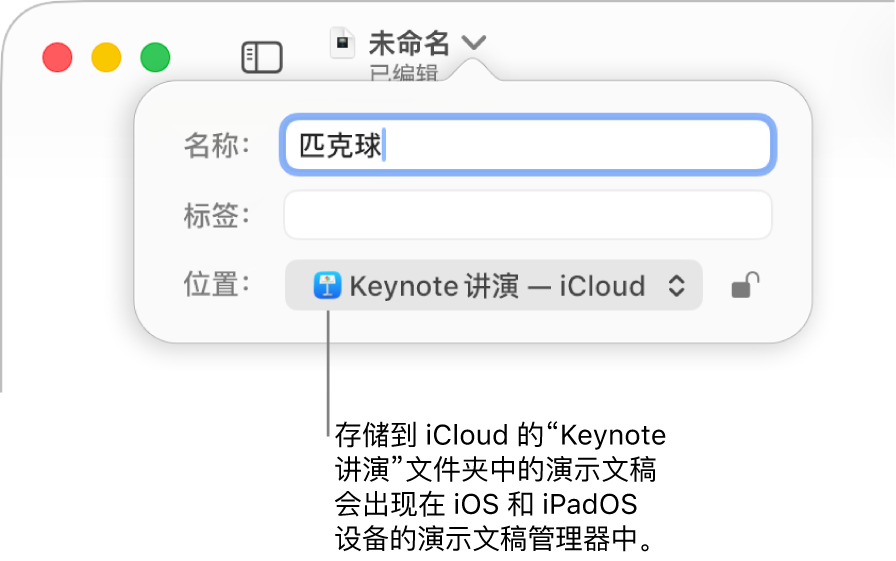 演示文稿的“保存”对话框，“Keynote 讲演—iCloud”在“位置”弹出式菜单中。
