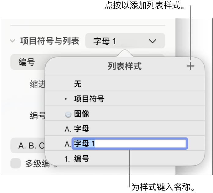 “列表样式”弹出式菜单，其中“添加”按钮位于右上角，占位符样式名称的文本被选中。