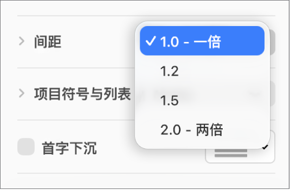带有“一倍”、“两倍”和其他选项的“间距”弹出式菜单。