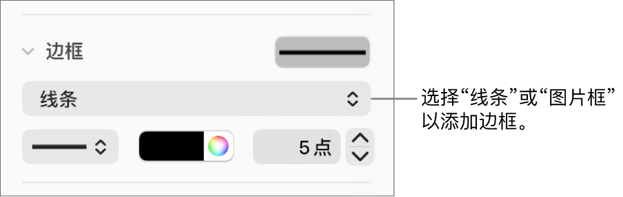 “格式”边栏中的“边框”样式控制，其中边框类型已选中“线条”。