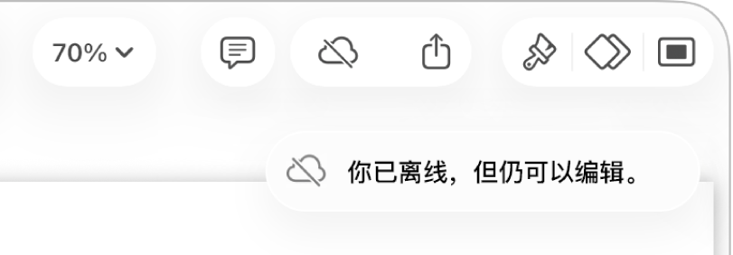 屏幕顶部的按钮，“协作”按钮已变成带有对角线的云图标。屏幕上的提醒显示：“你已离线，但仍可以编辑。”