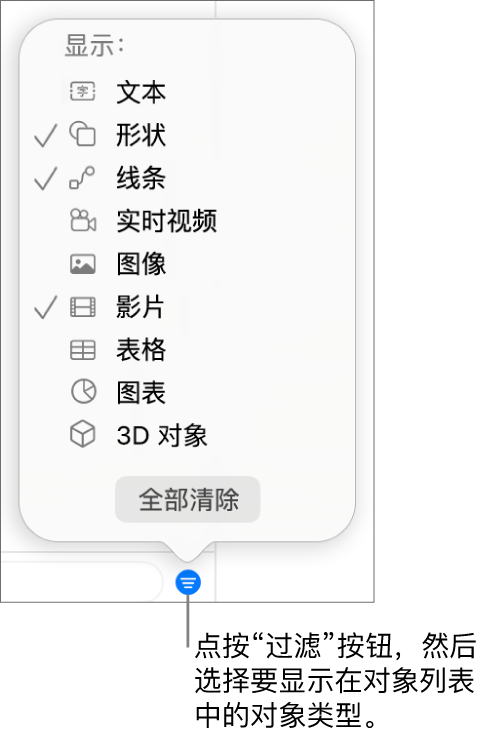 “过滤”弹出式菜单已打开，其中列出可包括的对象类型（文本、形状、线条、图像、影片、表格和图表）。