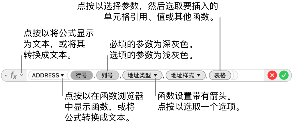 显示 ADDRESS 函数及其参数符号的公式编辑器。