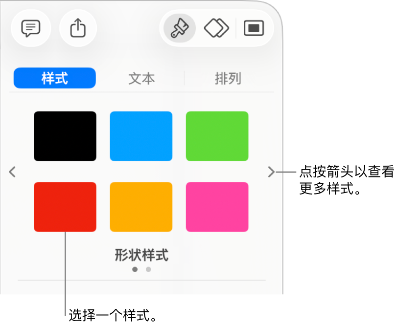 “格式”边栏中的“样式”标签,其中有六个对象样式,样式左右各有导览箭头。