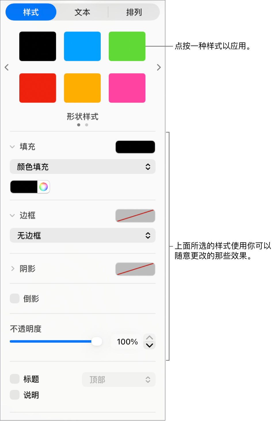 边栏的“格式”部分中的形状样式和选项。