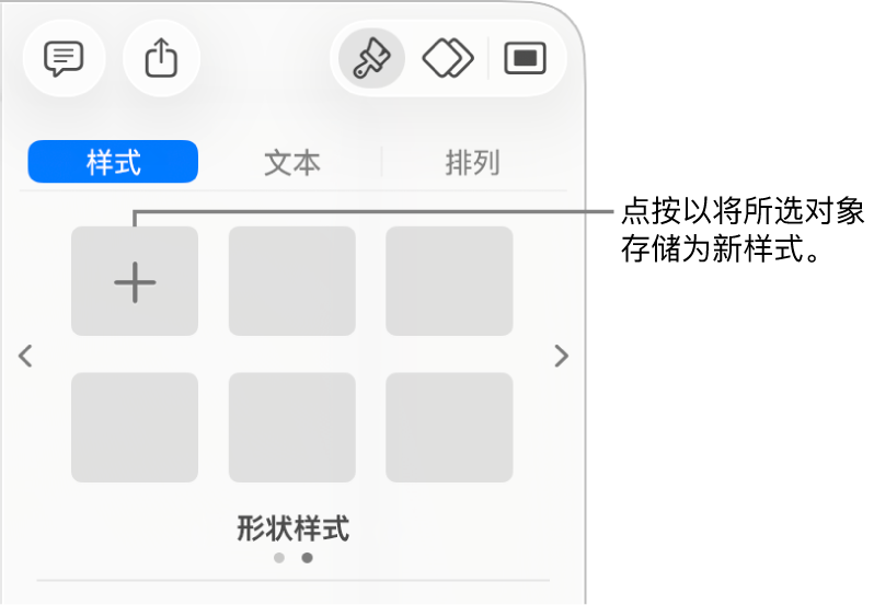 “格式”边栏中的“样式”标签,其中有一个文本框样式,右侧有“创建样式”按钮和四个空白样式占位符。