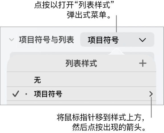“列表样式”弹出式菜单，其中一个样式已选定，其最右端显示一个箭头。