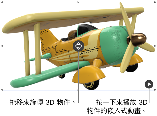 3D 物件的中間有「旋轉」按鈕,而「播放」按鈕則位於右下角。