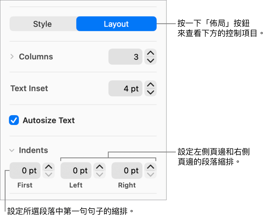 「格式」側邊欄的「佈局」區域，顯示設定第一行縮排與段落頁邊的控制項目。