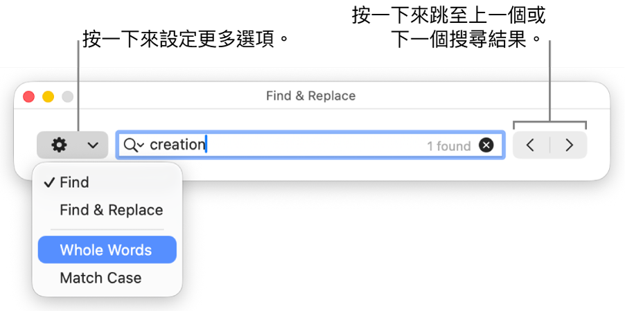 「尋找與取代」視窗，並有彈出式選單顯示「尋找」、「尋找與取代」、「完整字詞」和「區分大小寫」的選項。右邊的箭嘴可讓你跳到上一個或下一個搜尋結果。
