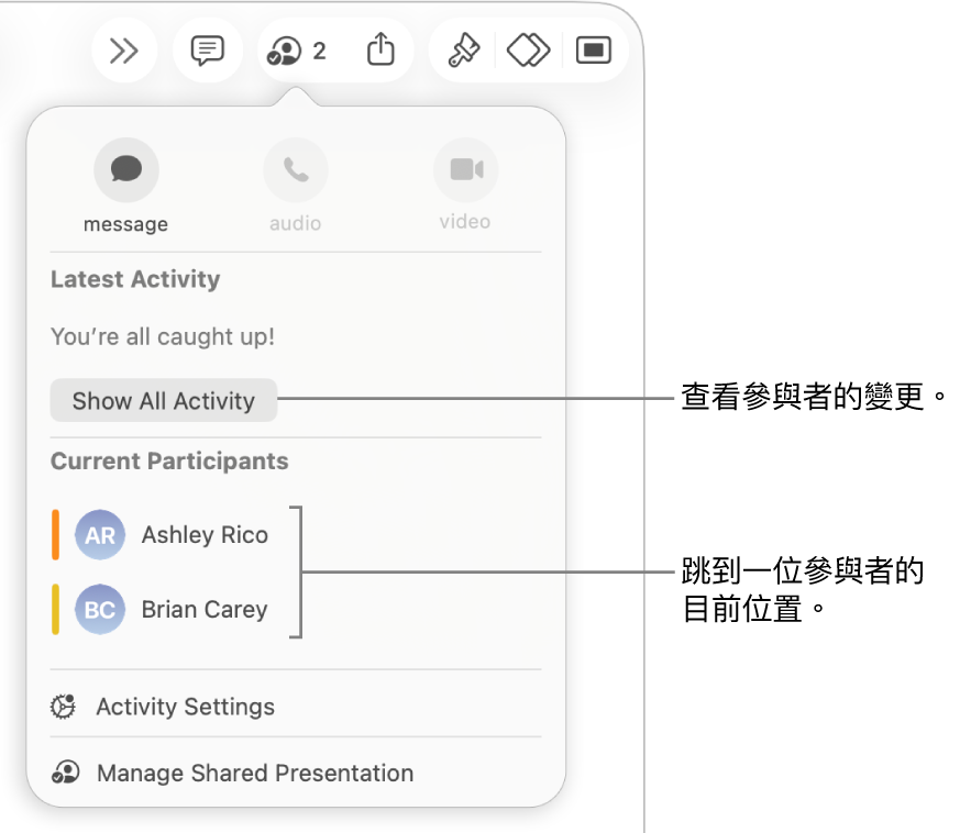 共同編輯選單,其中列出兩個目前的參與者。