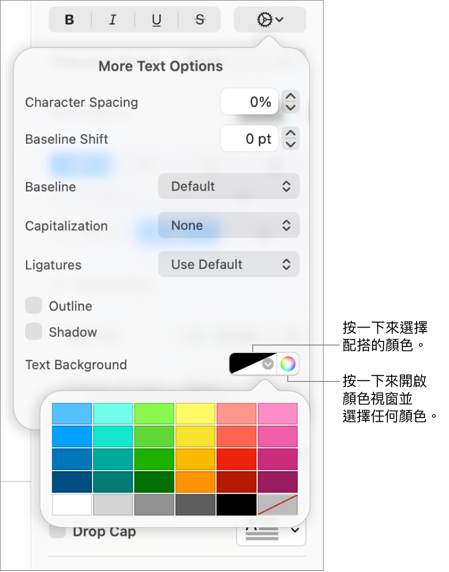 選擇文字背景顏色的控制項目。