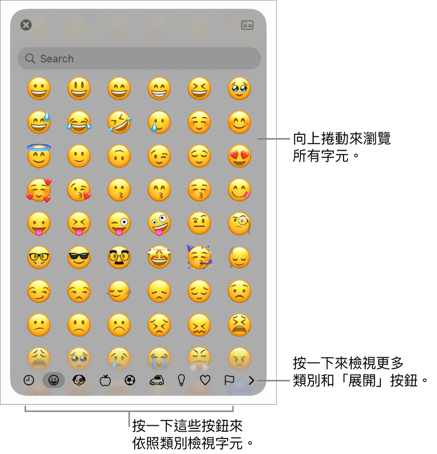 顯示表情符號的「特殊字元」彈出式選單，底部有各種符號的按鈕，説明文字指向顯示完整「字元」視窗的按鈕。