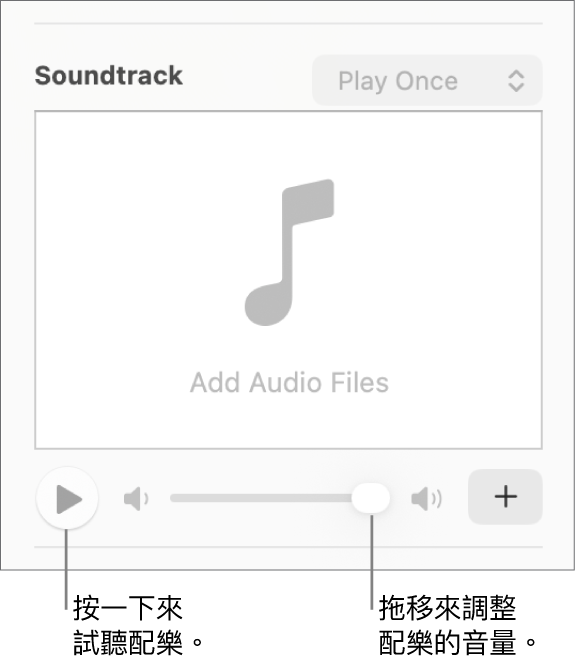「配樂」控制項目,且「播放」按鈕和音量滑桿已被標註。