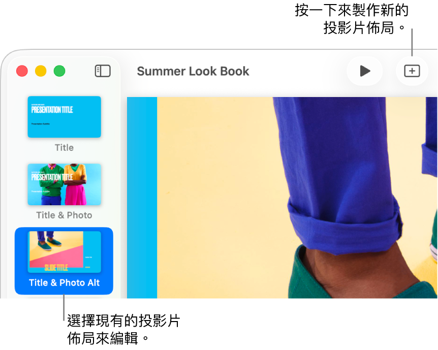 投影片佈局區域中顯示投影片佈局，上方的工具列帶有「加入投影片」按鈕。