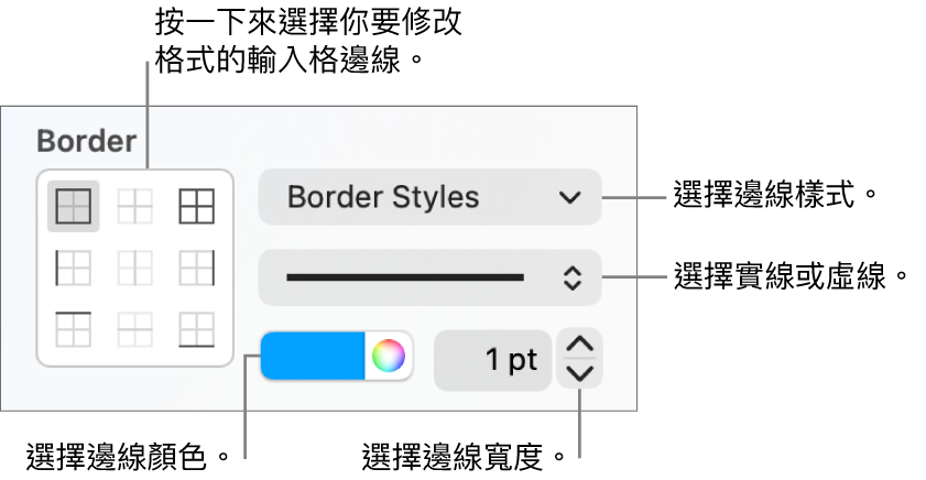 用來更改輸入格邊線外觀的側邊欄控制項目。